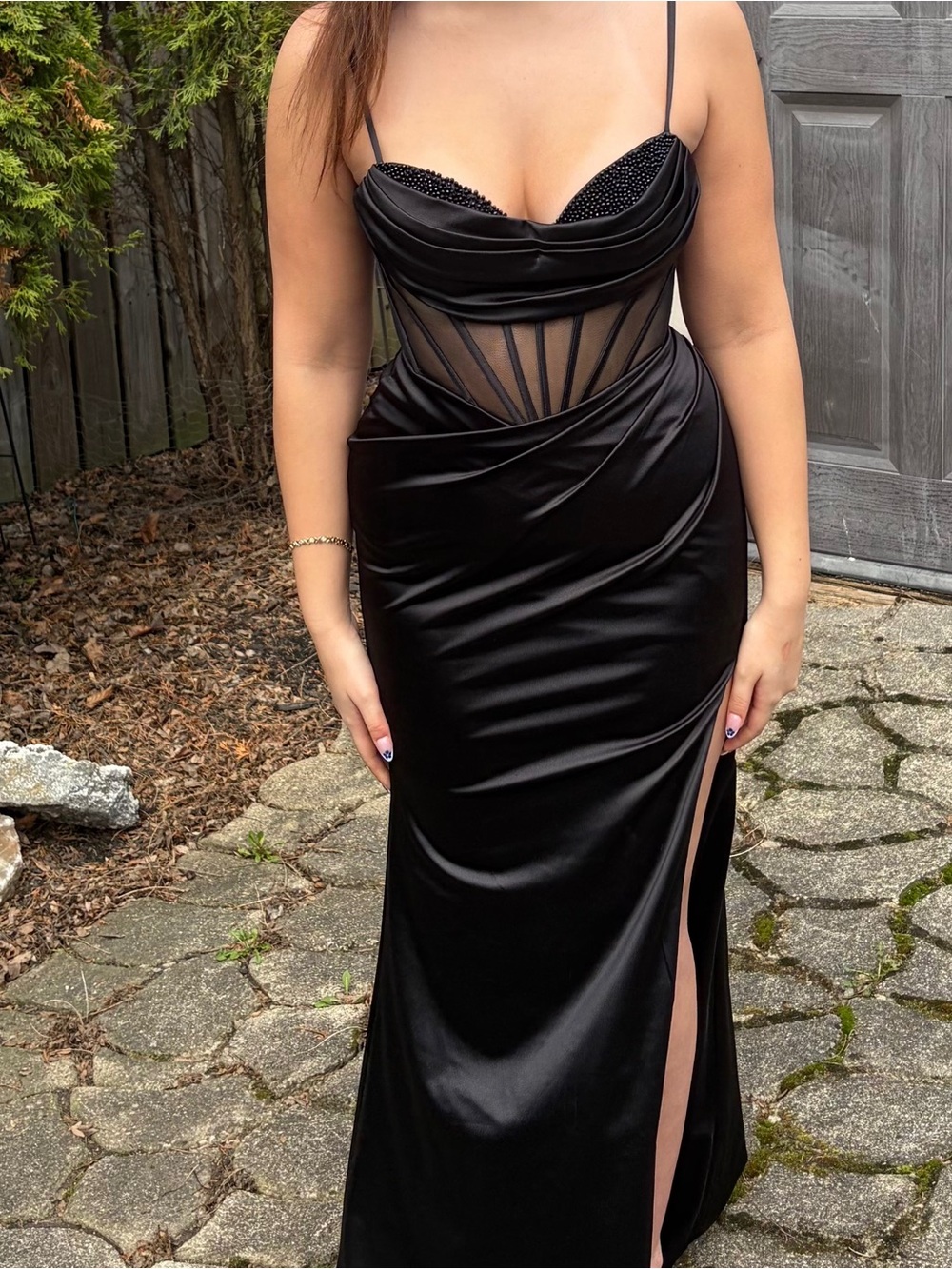Black Satin Long Dress with Sheer Corset and Beaded Bodice